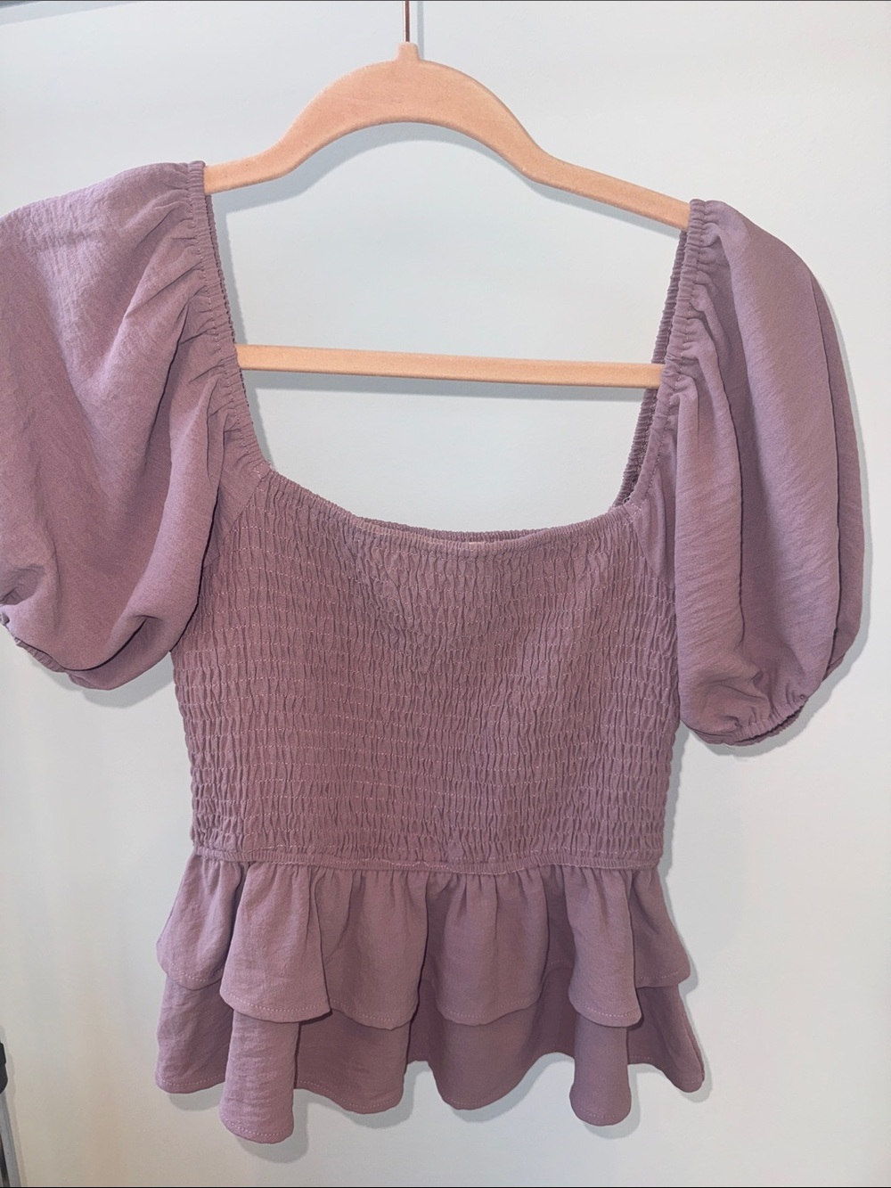 Altar'd State Mauve Smocked Peplum Puff Sleeve Top